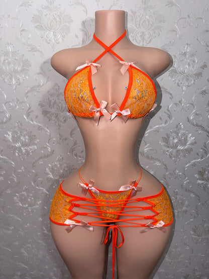 Orange Squeezy Kawaii Lace Micro Skirt Set Fits XS-M