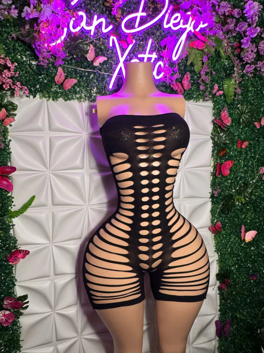 Monique Fishnet Slits Romper Fits S-XL