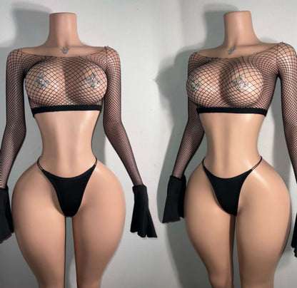 Bella Bell Sleeve Crop Fishnet 2 Piece Set Fits XS-L