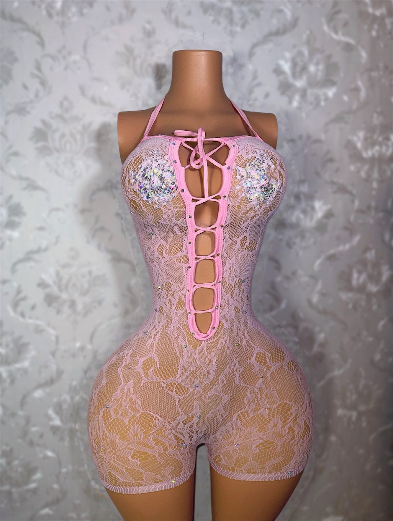 Hoodcess Lace Fishnet Backless Romper Fits XS-M