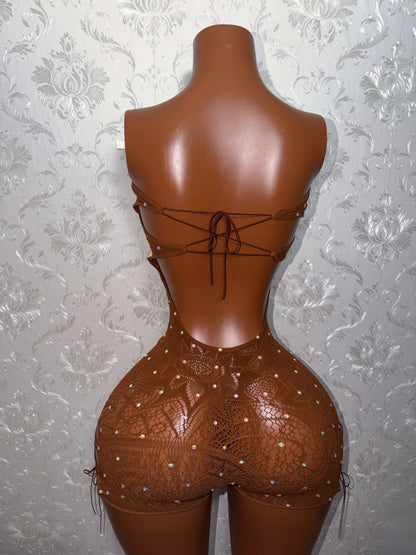 Mocha Brown Lace Fishnet Romper Set with Thong Fits Curvy M-XXL