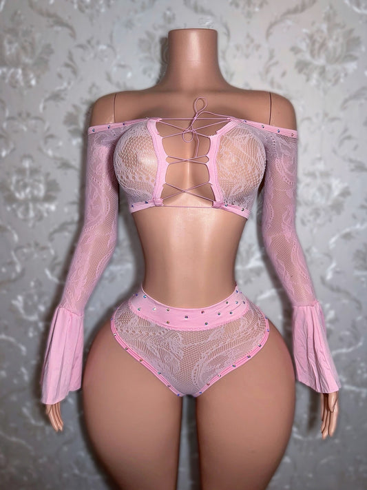 Carolina — High Waisted Fishnet Lace Set With Stones Fits S-L