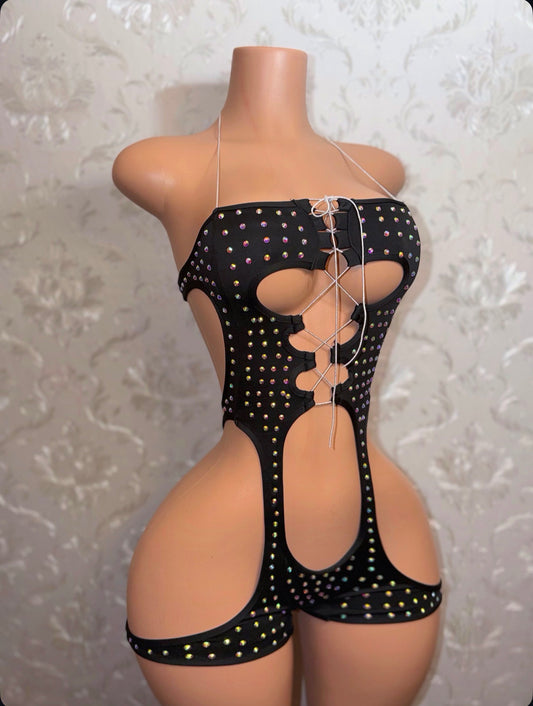 Brooklyn Rhinestone Chaps Romper Fits S-L