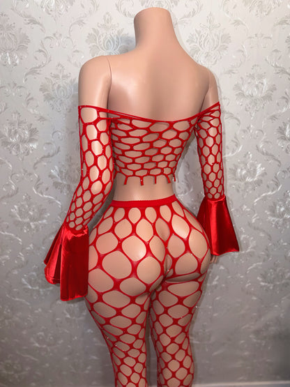 Stella’s Holiday Rhinestone Bell Sleeve Fishnet Legging Set Fits XS-L