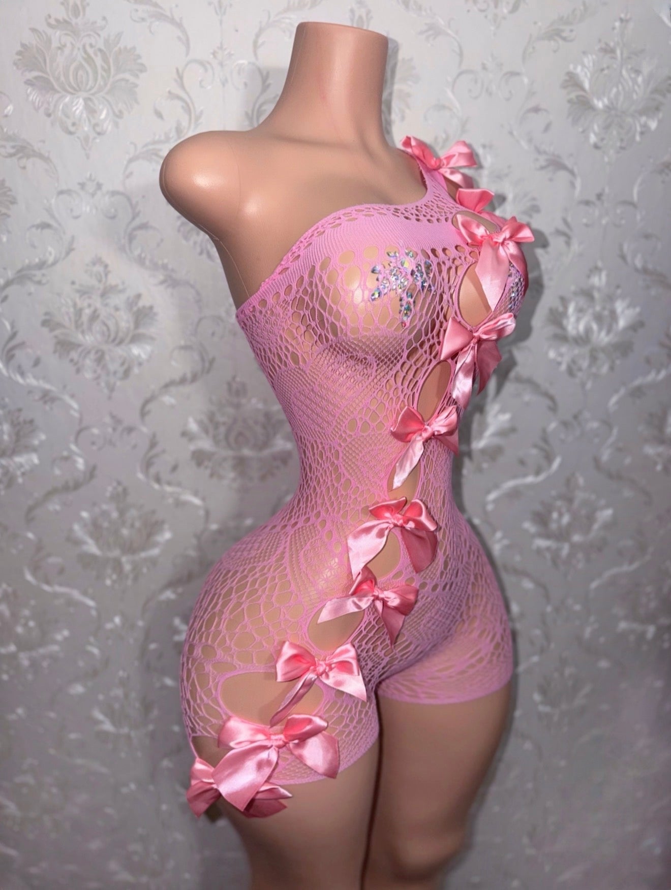Jaidyn Kawaii Lace Fishnet Romper with Bows Fits XS-XL