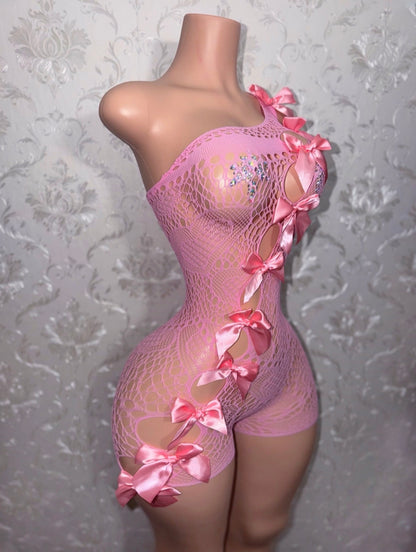 Jaidyn Kawaii Lace Fishnet Romper with Bows Fits XS-XL
