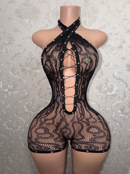 Jewels Halter Fishnet Backless Romper Fits S-L