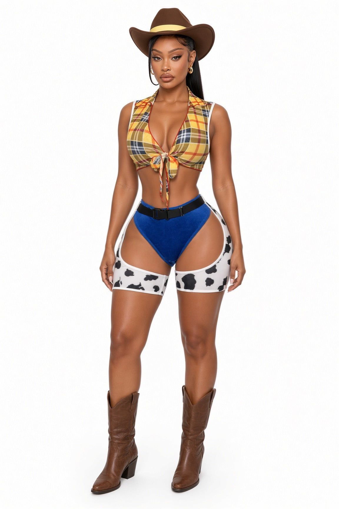 Ride Em Cowgirl 3 Piece Sheer Plaid Top High Waist Bottoms and Chaps