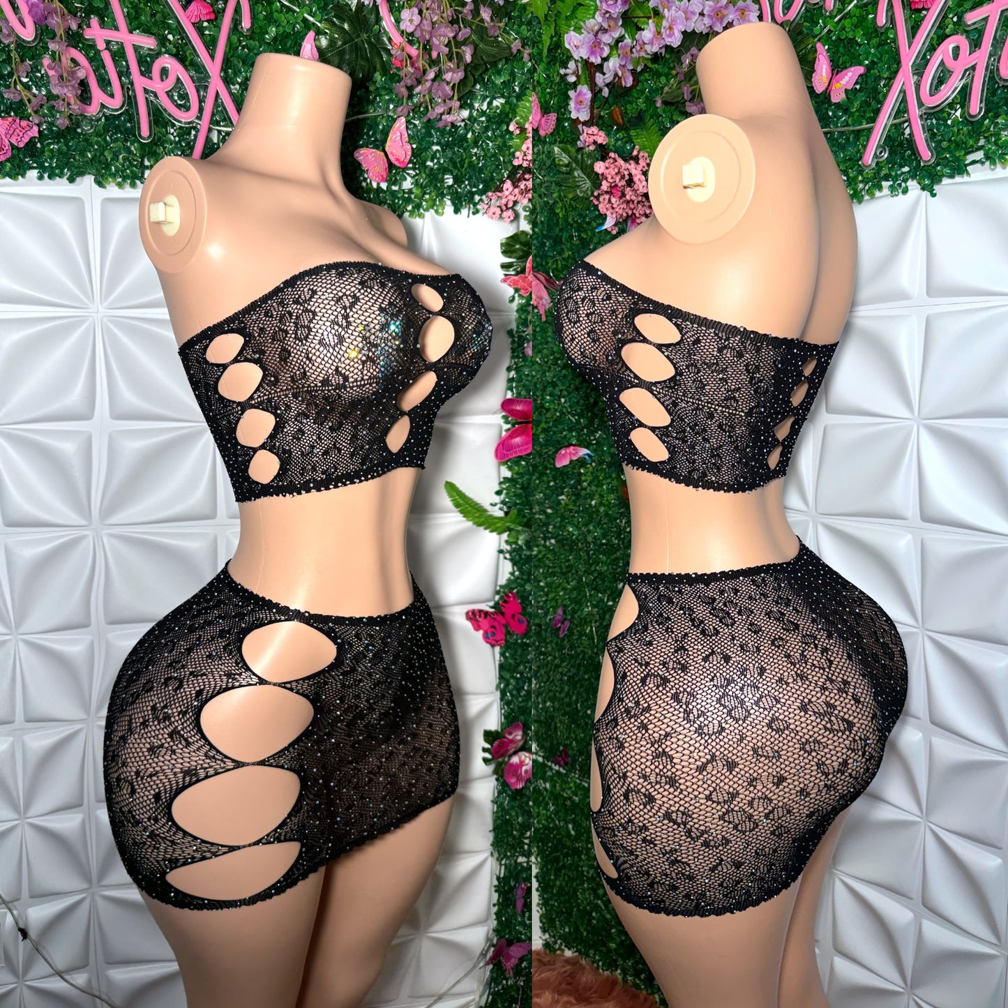 Syn — Bedazzled 2 Piece Fishnet Skirt Set Fits XS-L