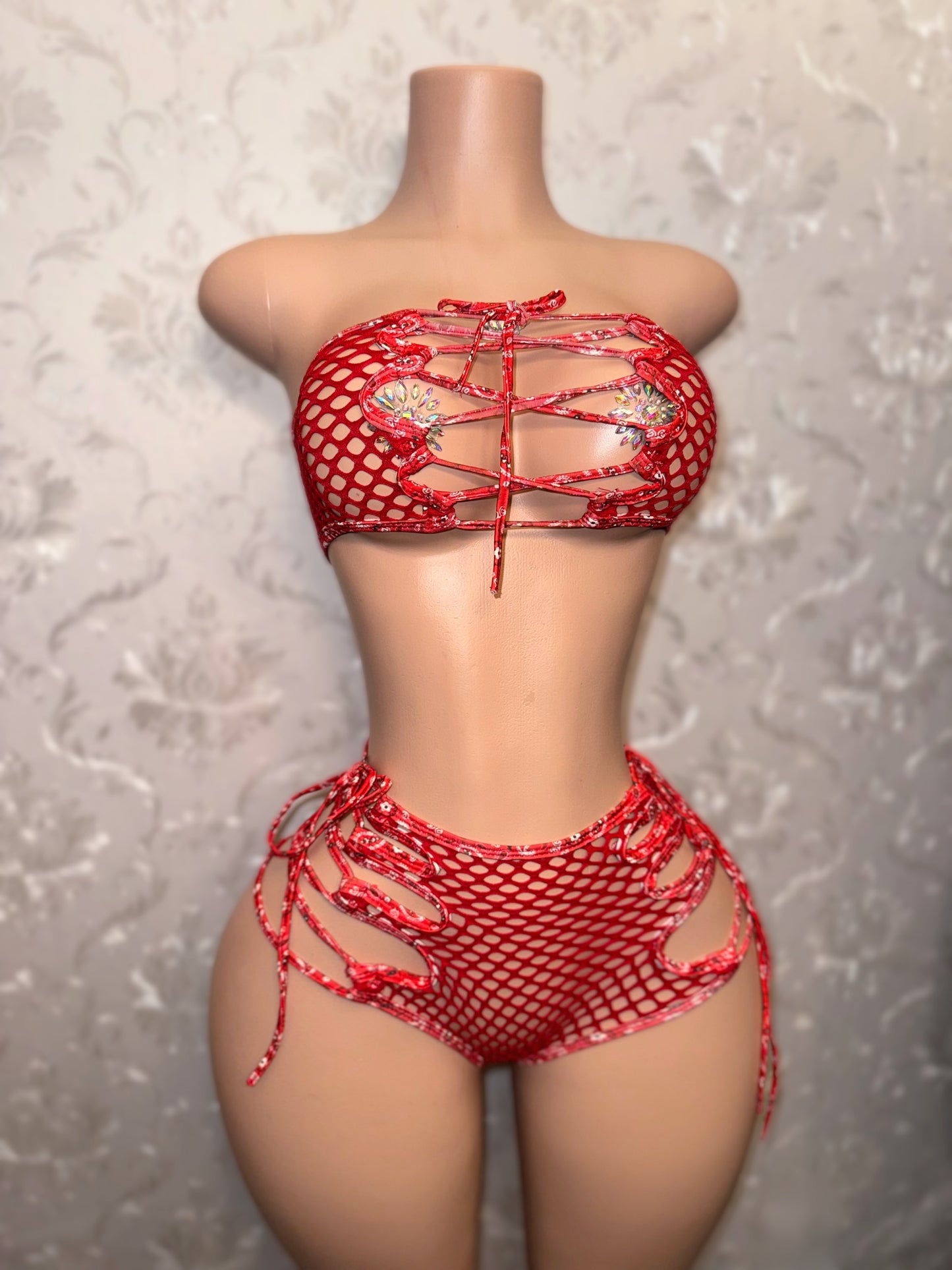 Bonnie Red Paisley Net Shorts Set Fts XS-L