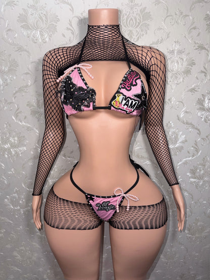 Bad To The Bone 2.0 Alt Core Y2K Patchwork Bikini + Fishnet 4 Piece Cutoff Shorts Set