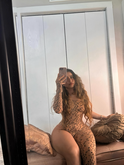 Leopard Asymmetrical Bodystocking Nude Mesh