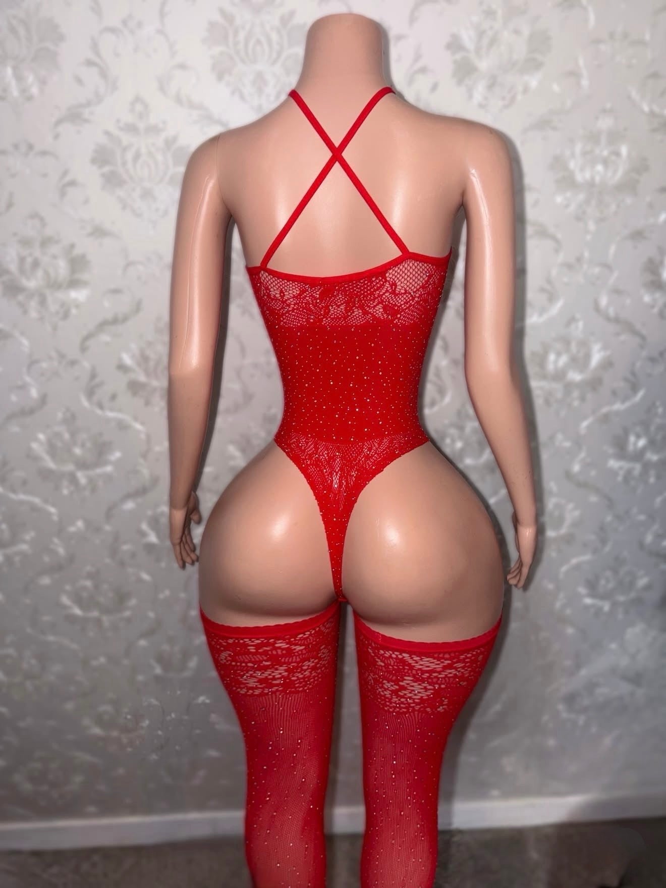 Crystal Baller Rhinestone Fishnet Bodysuit with Thigh Highs Set Fits XS-XL