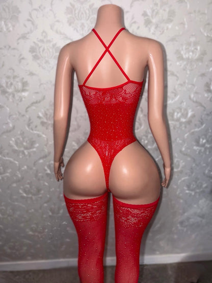 Crystal Baller Rhinestone Fishnet Bodysuit with Thigh Highs Set Fits XS-XL