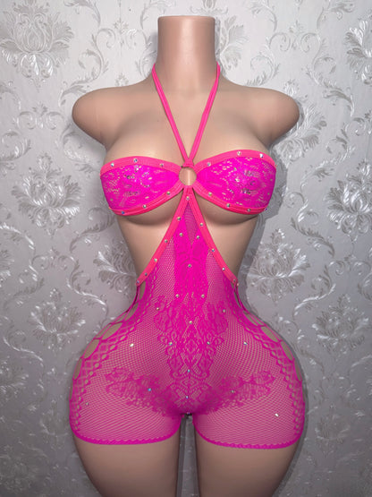 Noir Vixen Halter Fishnet Romper With Rhinestones Fits XS-M