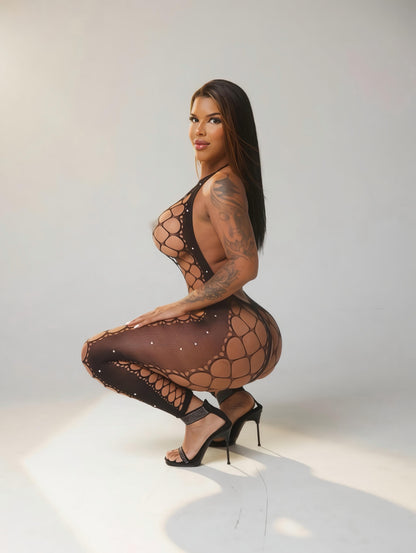 Giana Halter Fishnet Bodystocking Optional Rhinestones Fits XS-L