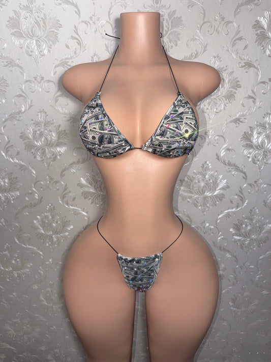 Bankroll Babe Money Print Rhinestone Bikini