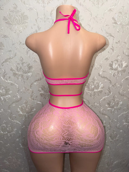 Cassie Baby Pink Two Tone Fishnet Lace Dress Fits XS-L