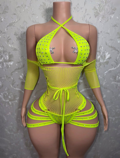 Electric Georgia Peach Fishnet 3 Piece Shorts Set Fits S-L