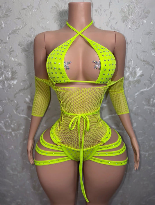 Electric Georgia Peach Fishnet 3 Piece Shorts Set Fits S-L