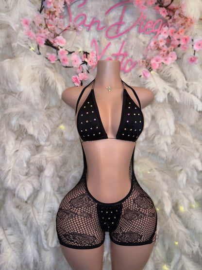 Plain Jane Stoned 3 Piece Bikini and Hammock Fishnet Overalls Set Fits XS-L