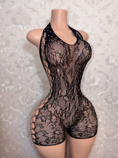Layla Fishnet Romper with Rhinestones Fits XS-L