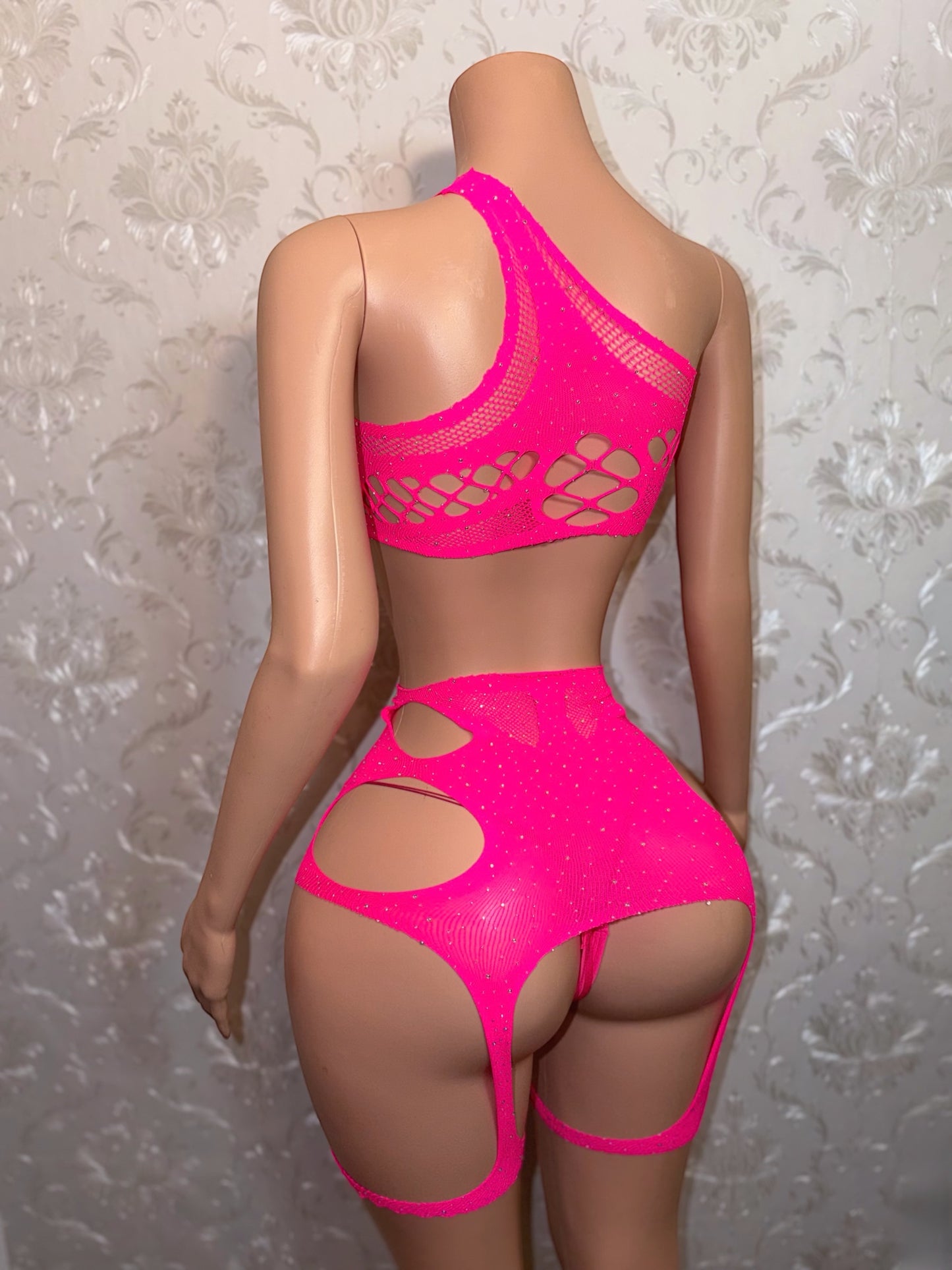 Kelsey Hot Pink Rhinestone Fishnet Chaps 2 Piece Optional Thong Fits S-L