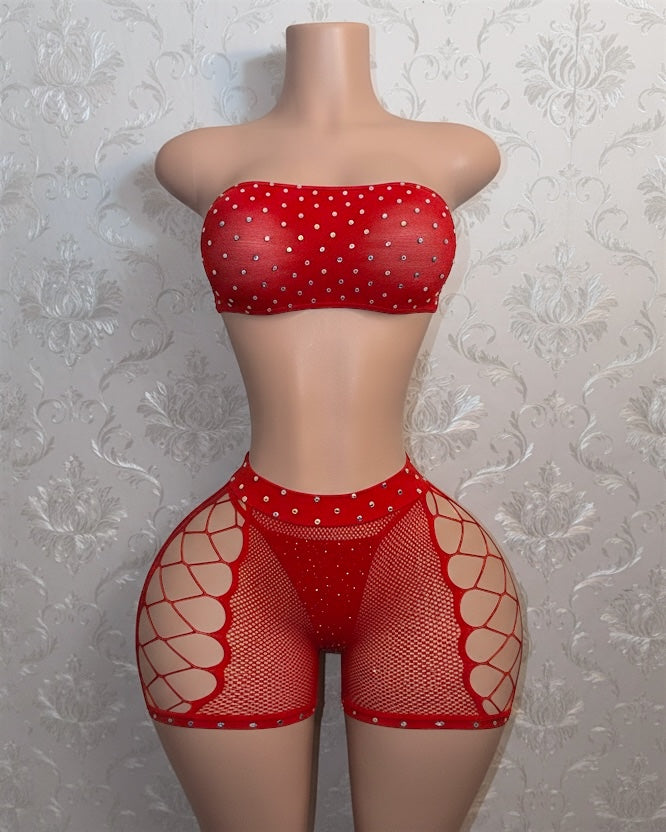Majesty Rhinestone Crotchless Fishnet Shorts Set Fits XS-L