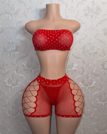 Majesty Rhinestone Crotchless Fishnet Shorts Set Fits XS-L