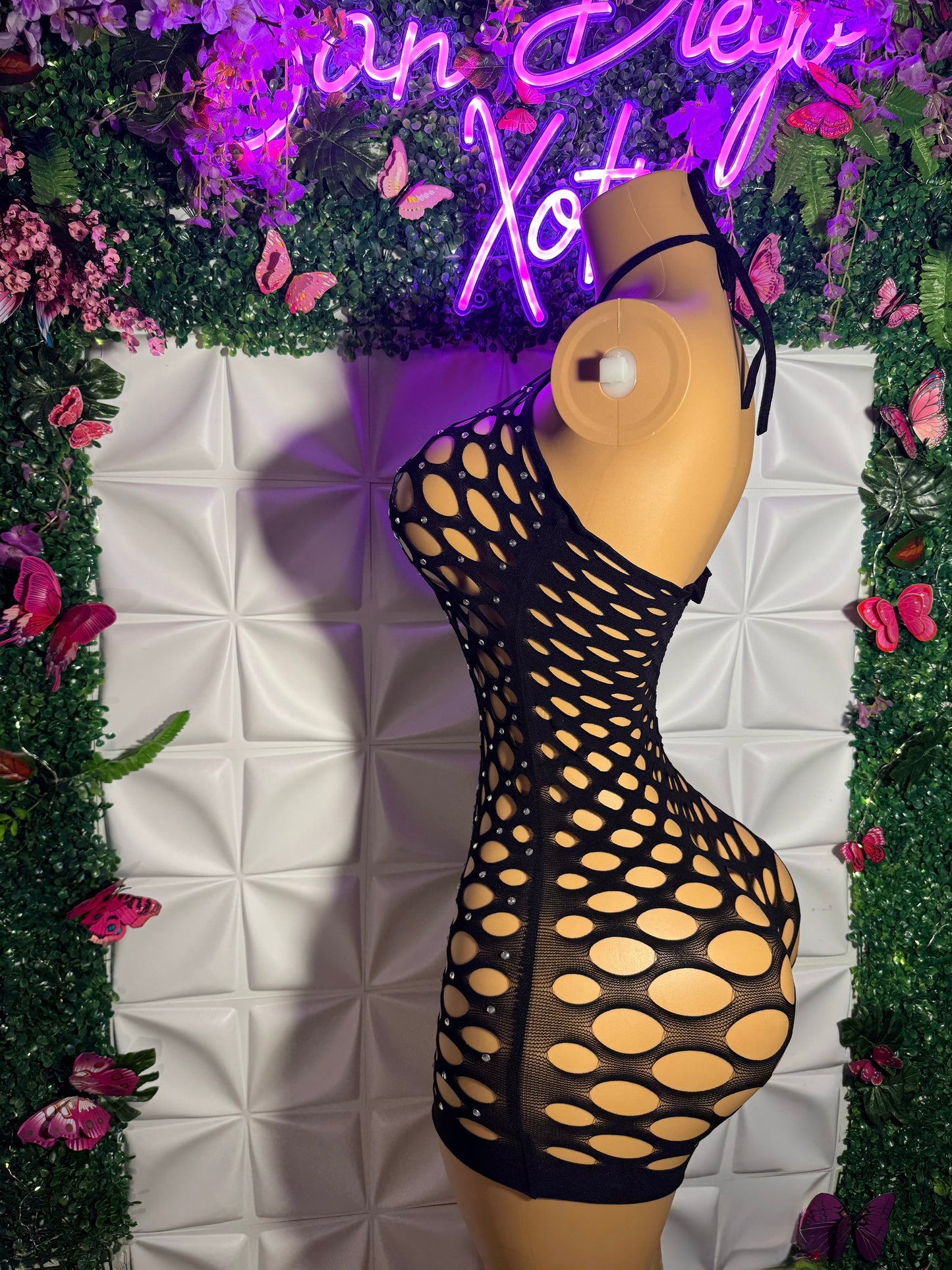 I Like Money Halter Fishnet Romper Fits XS-XL