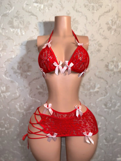 Cherry — Red 3 Piece Lace Skirt Set with Baby Pink Bows Fits XS-M