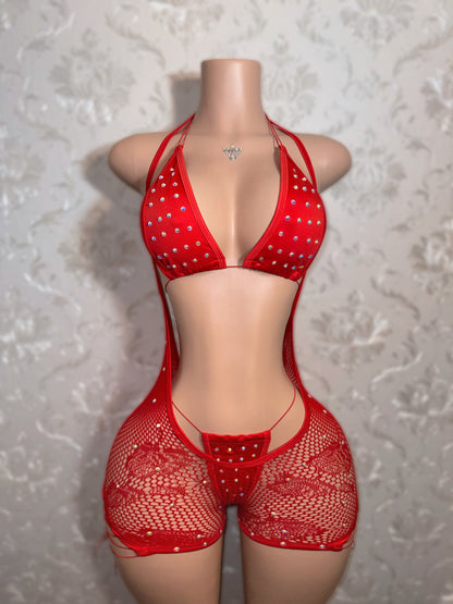 Plain Jane Fishnet 3 Piece Overall Set Now With Larger Stones Bikini Fits XS-L