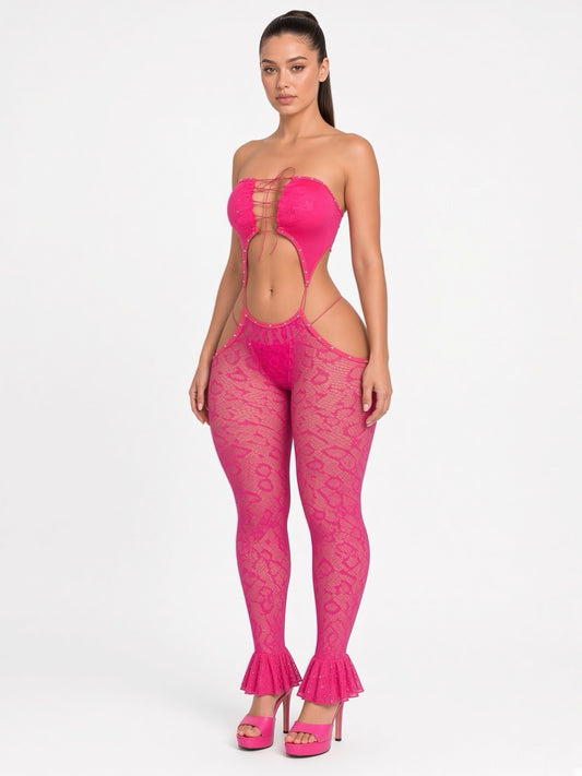 I Got Motion Low Rise Rhinestone Fishnet Jumpsuit 2 Piece Set With Thong Fits S-L