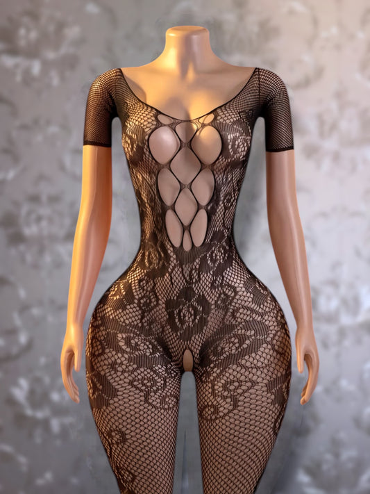 Rosé Short Sleeve Fishnet Bodystocking Fits XS-M