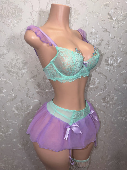 Mermaid Princess 4 Piece Set Includes Knee High Stockings and Thong