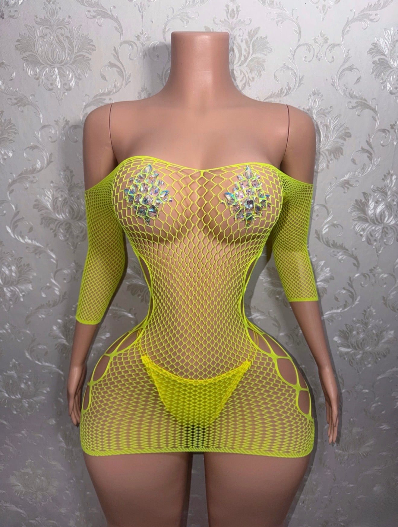 Teyana Fishnet Dress Optional Thong Fits XS-L
