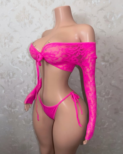 Venus Fishnet Criss Crossed Long Sleeve Top and Thong Fits XS-L