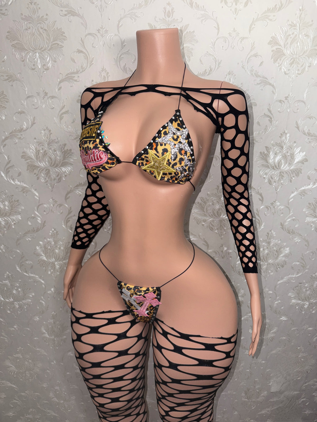 Expensive Baddie Custom Leopard 4 Piece Bikini & Fishnet Set Fits XS-XL