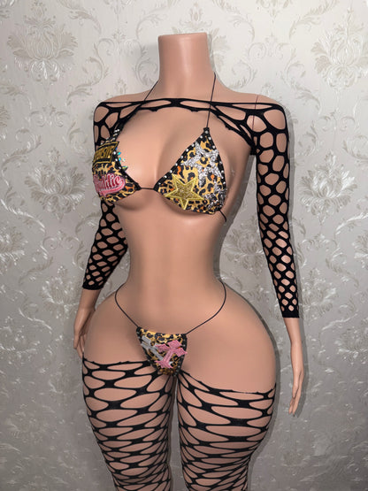 Expensive Baddie Custom Leopard 4 Piece Bikini & Fishnet Set Fits XS-XL