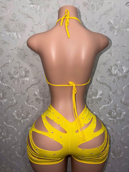 Butter Yellow Valentina Slit Shorts Set fits S-L