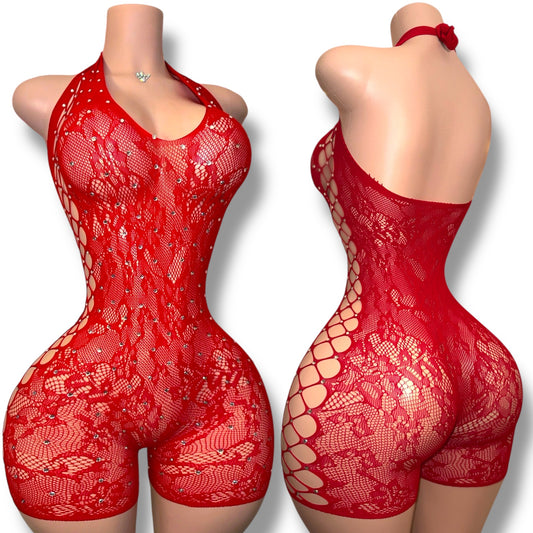Layla — Halter Fishnet Romper with Rhinestones Fits XS-L