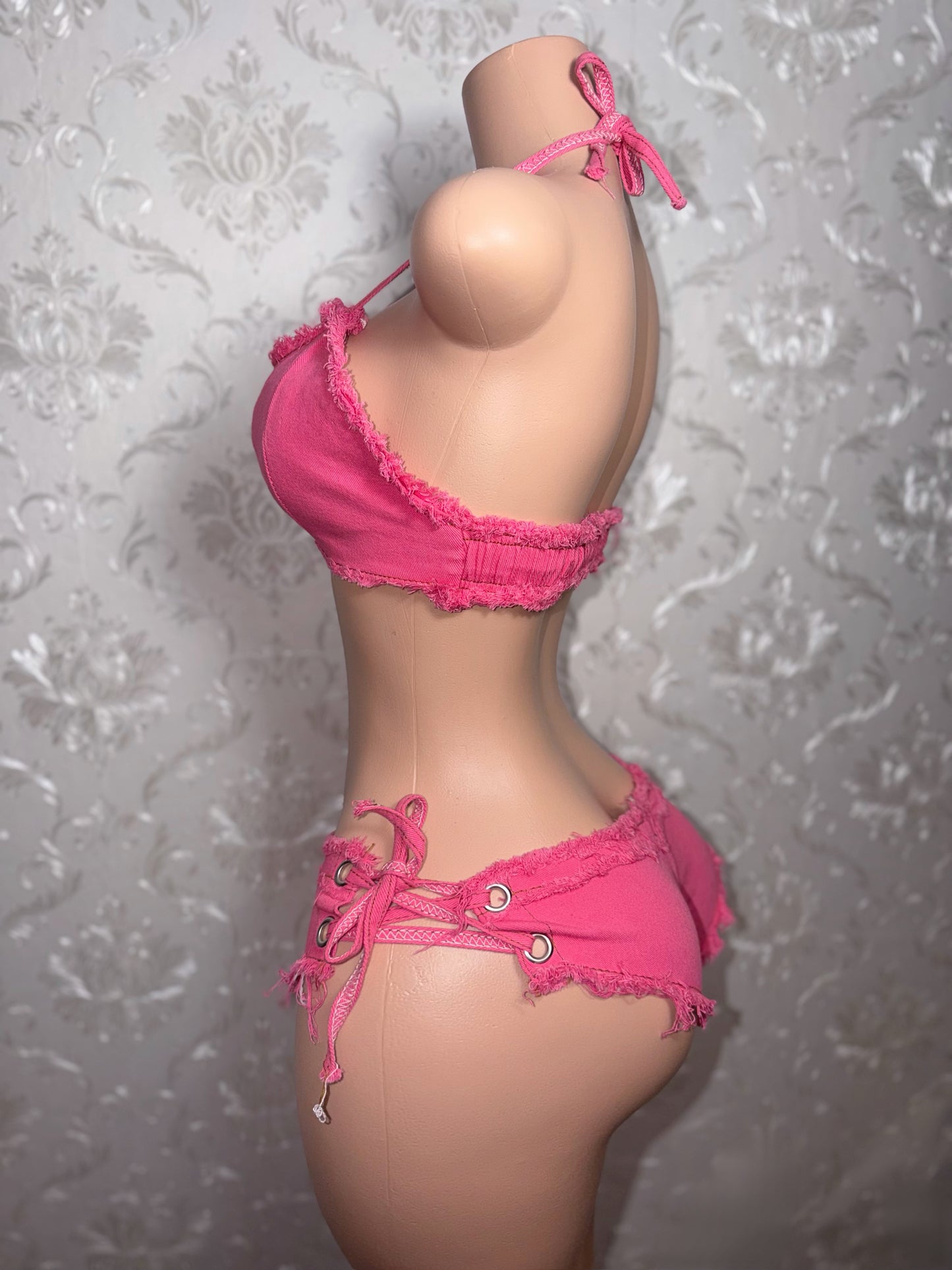 Amirah- 2 Piece Distressed Ultra Mini Denim Shorts Set