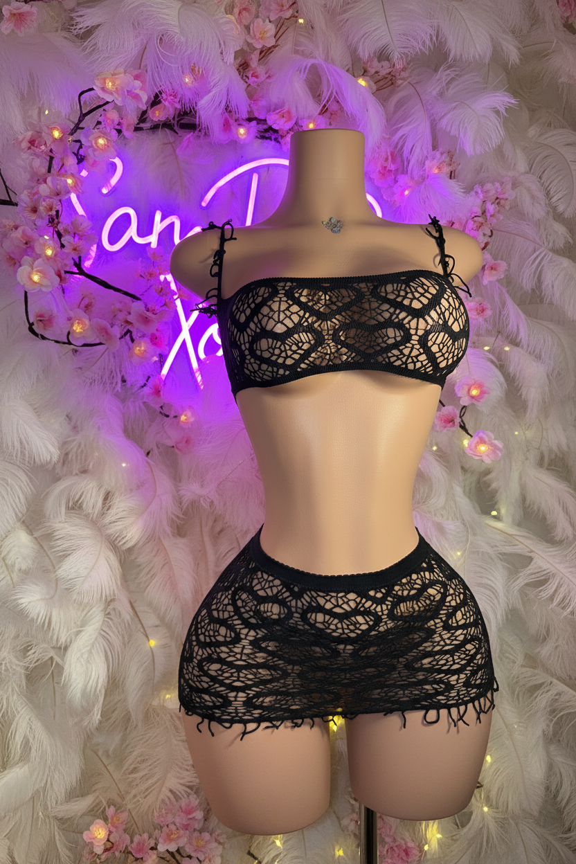 Fringe Fishnet Skirt Set “Be Mine” Fits XS-XL