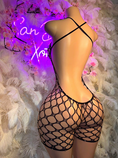 Apple Bottom — Full Coverage Rhinestones Fishnet Romper Fits XS-M
