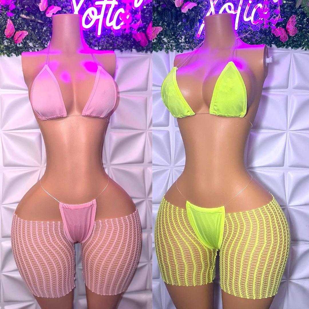 Chloe — 3 Piece Bikini Set and Cut Off Fishnet Shorts