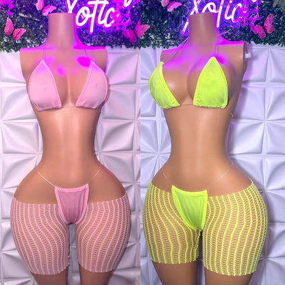 Chloe — 3 Piece Bikini Set and Cut Off Fishnet Shorts