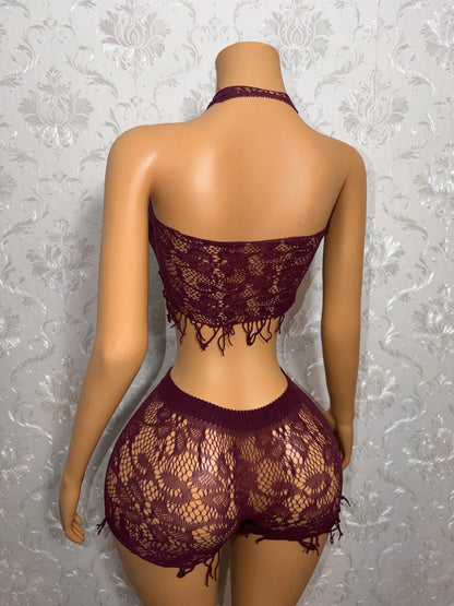 Amber Fringe Fishnet Shorts Set In Currant