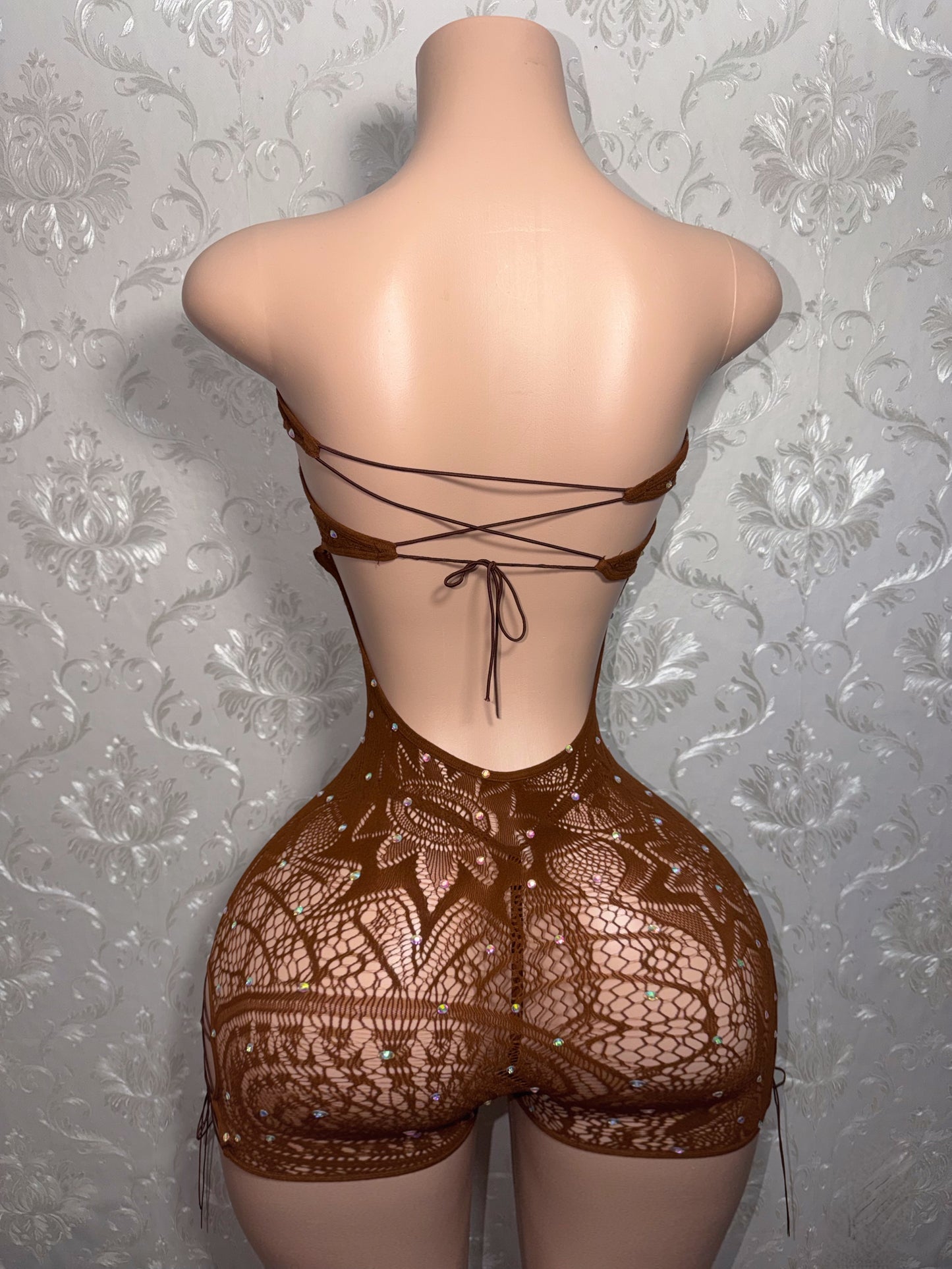 Mocha Brown Lace Fishnet Romper Set with Thong Fits Curvy M-XXL