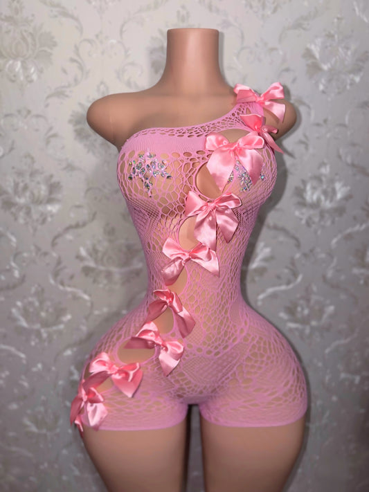 Jaidyn Lace Fishnet Romper with Bows Fits XS-XL