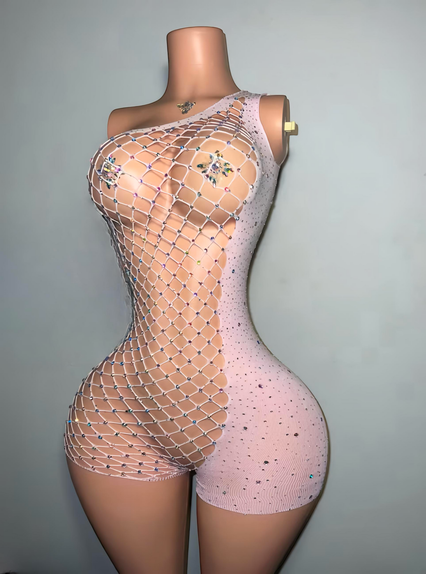 Holiday Bedazzled Romper Asymmetrical Fishnet Fits XS-L